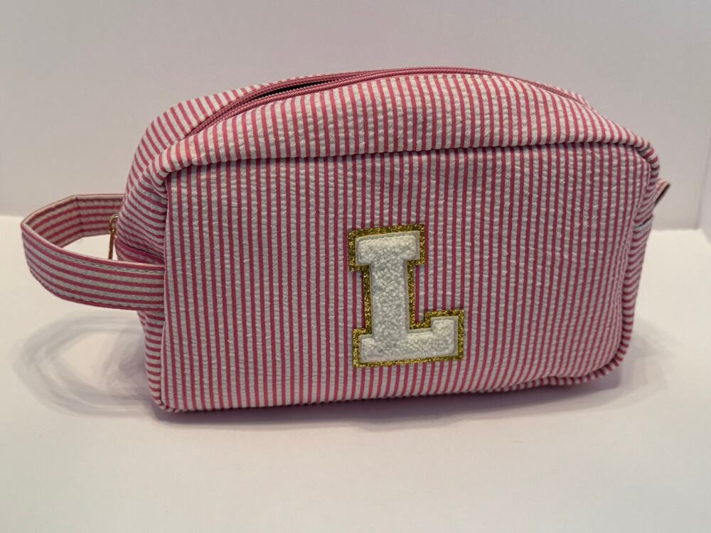 Pink Seersucker Initial L Monogram Cosmetic Bag Chenille Patch Travel Pouch New